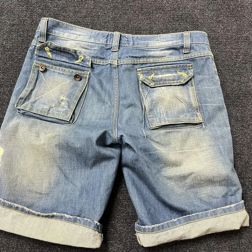 Gnome Jeans Shorts Jorts Mens 34 Blue Denim Distressed‎ Cuffed Carpenter Style